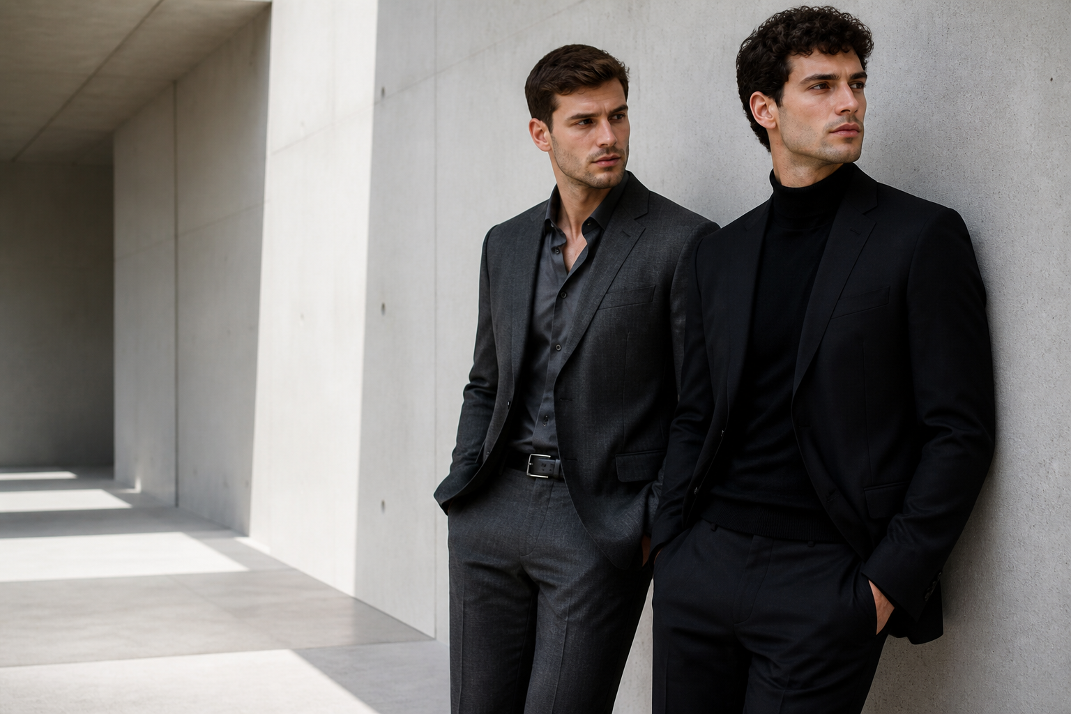 Two men wearing black and charcoal tailoring in a concrete corridor.
