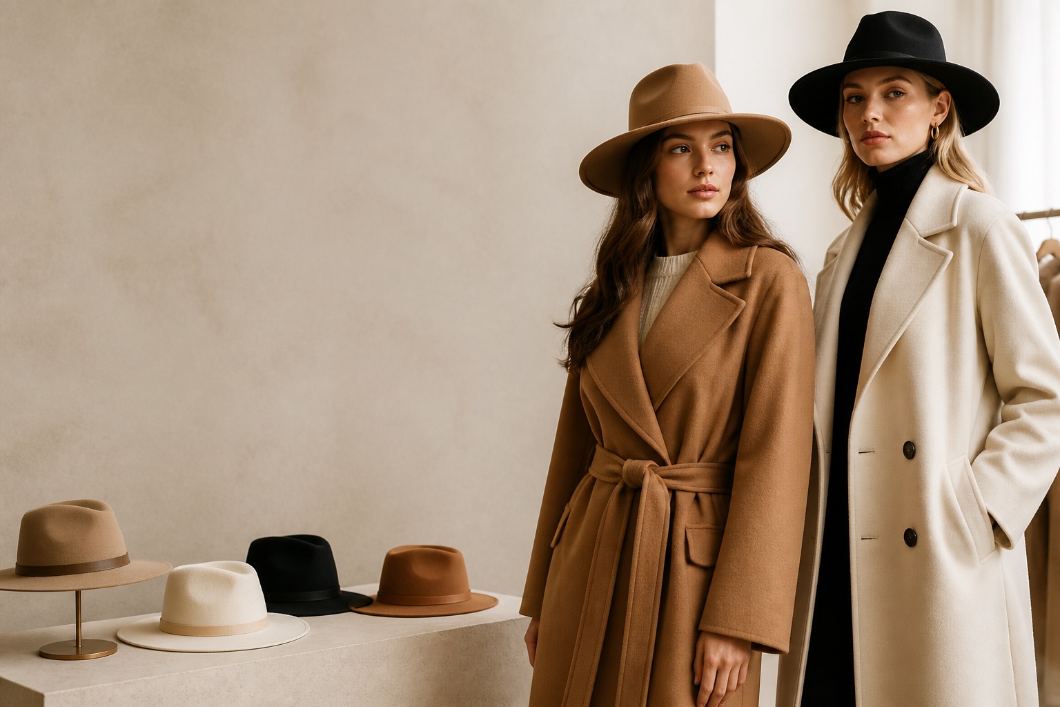 Women wearing camel and ivory coats with structured hats.
