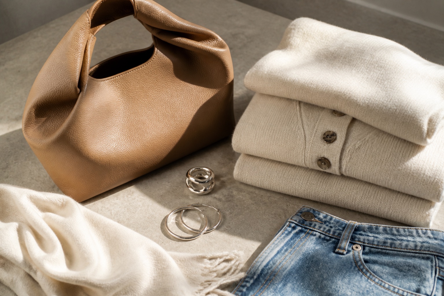 Leather handbag, knitwear, jewelry, and denim arranged on a stone table.