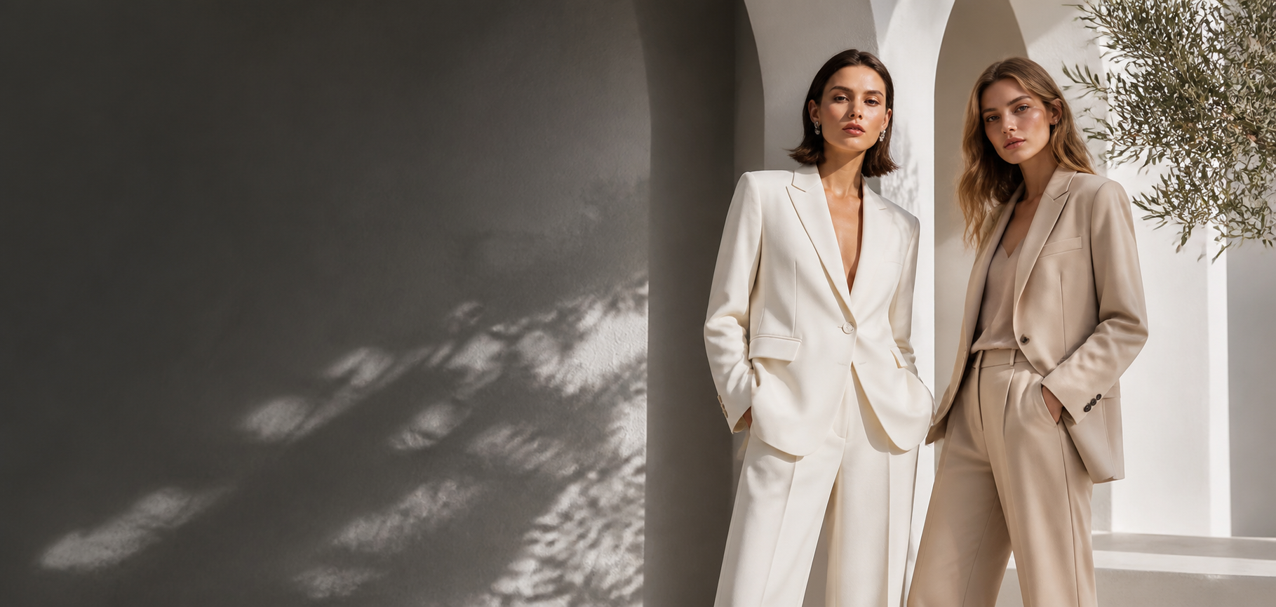 Neutral modern fashion set in a bright studio.