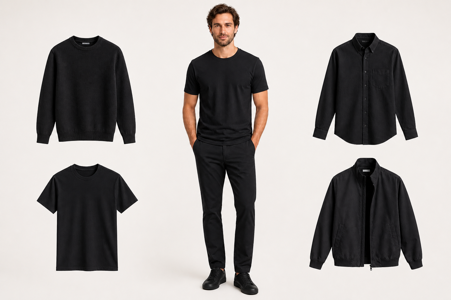 Virtual try-on display with a model and four black garments on a light background.