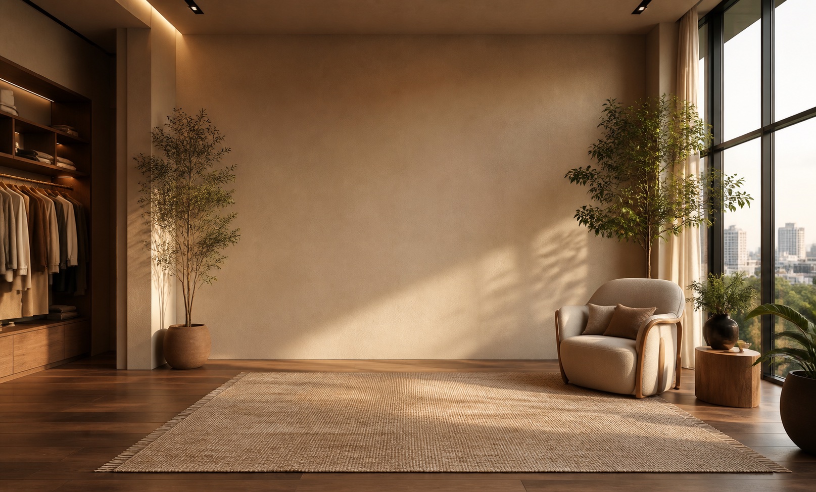 Warm modern dressing room with plants, wardrobe, chair, and city window.